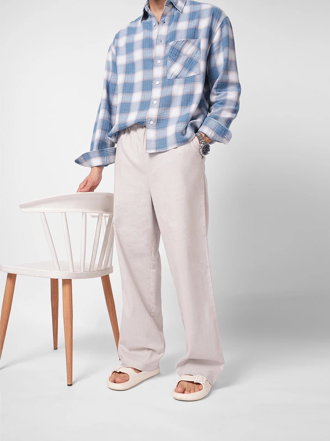 Tea Green Slub Weave Straight Fit Trousers