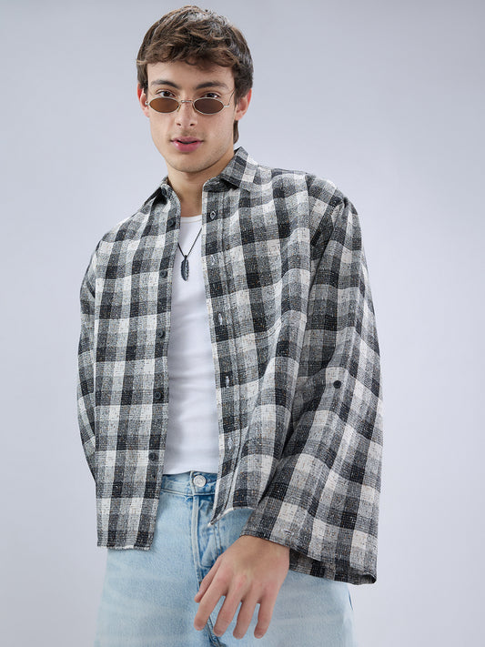 Black & White Textured Interweave Boxy Fit Crop Shirt