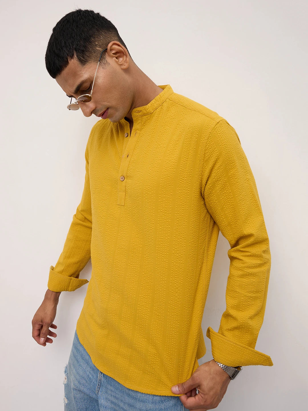 Luxe Mustard Yellow Seersucker Striped Kurta