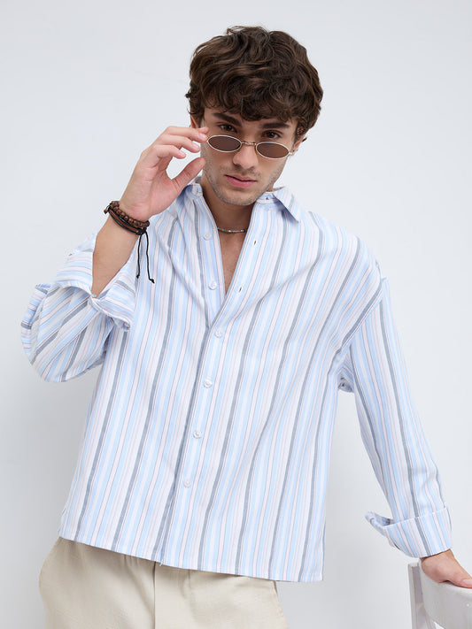 Sea Breeze Multi Stripe Weave Boxy Fit Crop Shirt