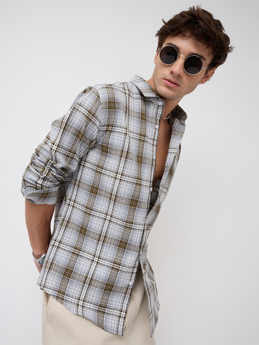 Olive & Grey Fine Plaid Checks Shirt