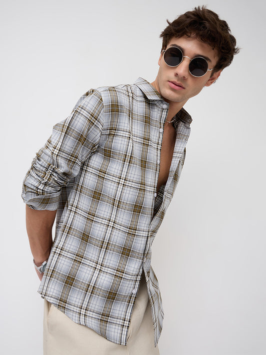 Olive & Grey Fine Plaid Checks Shirt