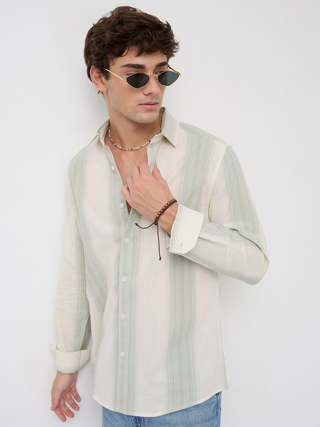 Luxe Sage Green Refined Striped Linen Blend Shirt