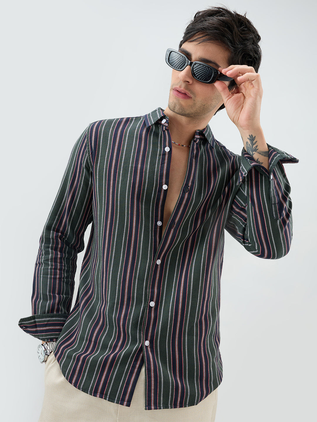 Olive & Navy Balanced Striped Shirt