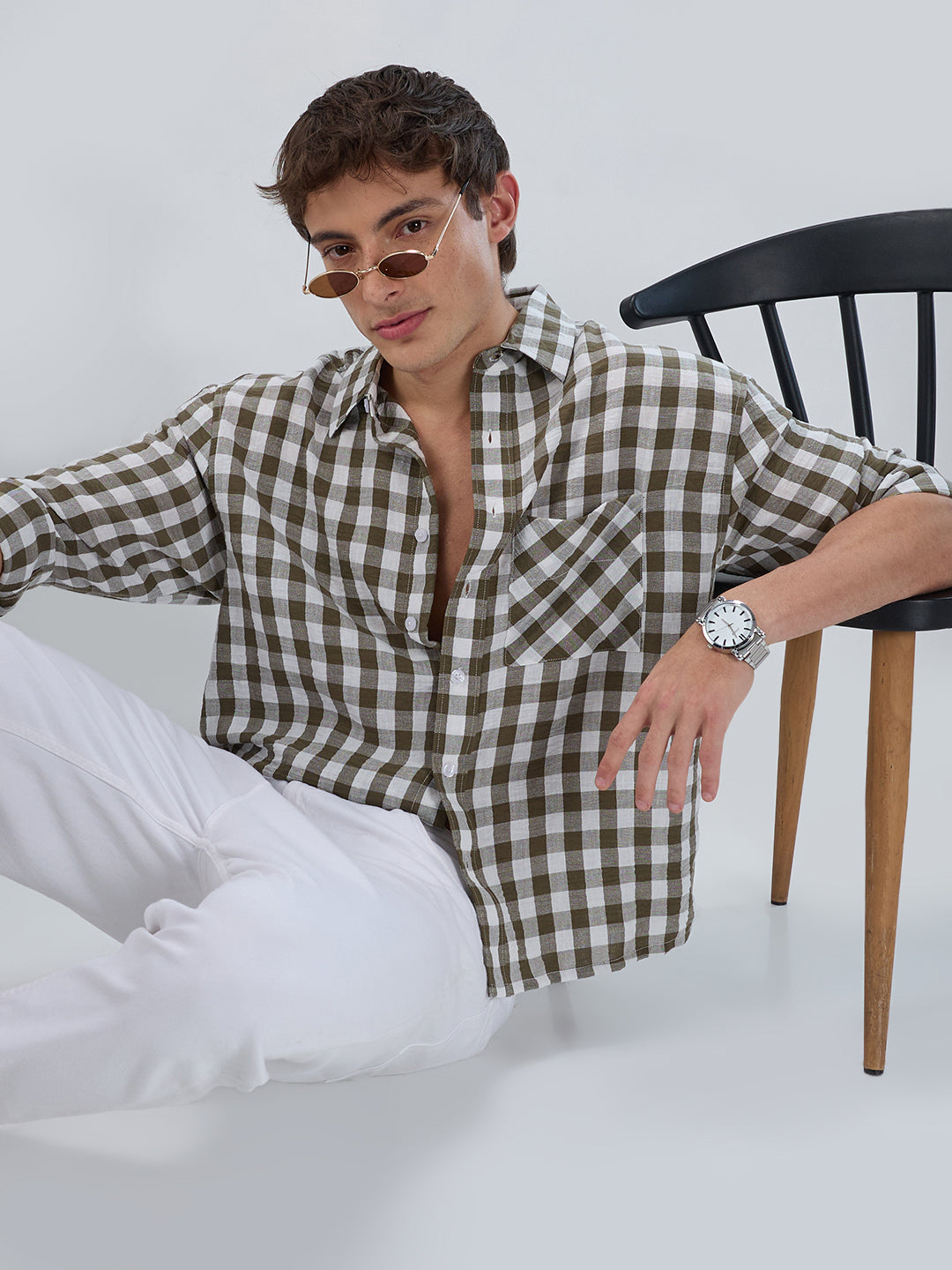 Olive Gingham Checks Crinkled Boxy Fit Crop Shirt