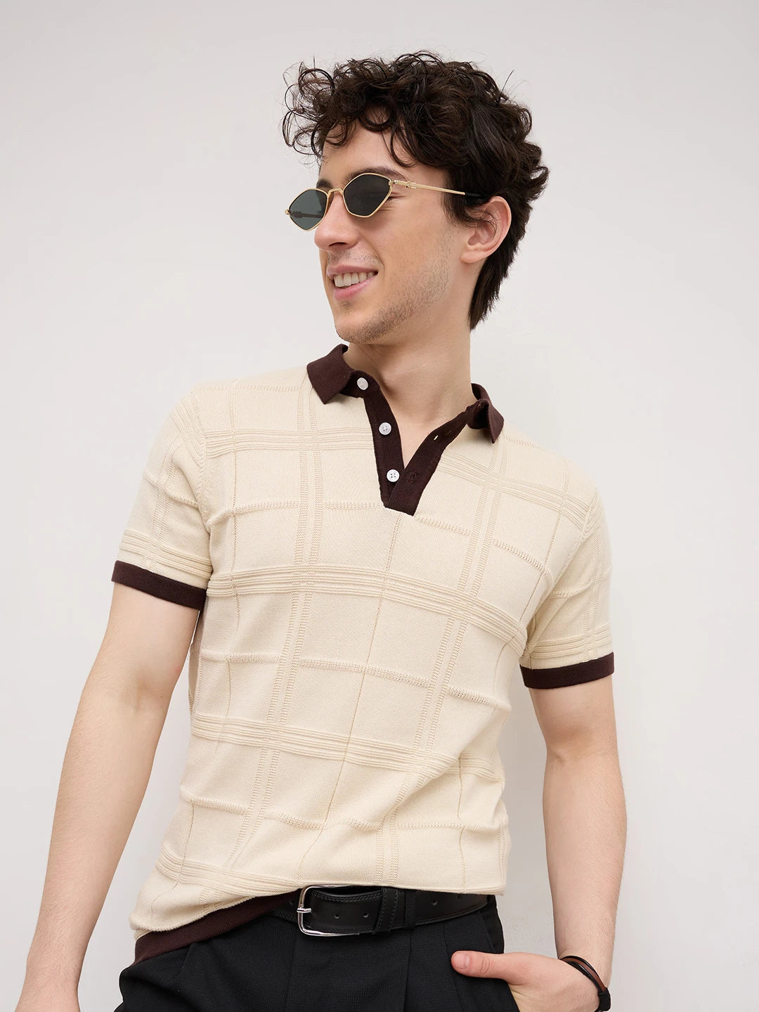 Ivory Windowpane Textured Contrast Polo Flat Knit T-Shirt