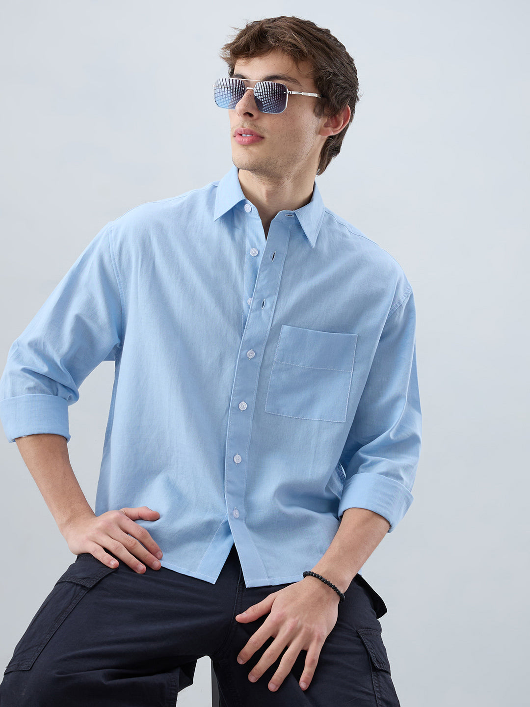 Luxe Blue Fine Sheer Linen Blend Boxy Fit Crop Shirt