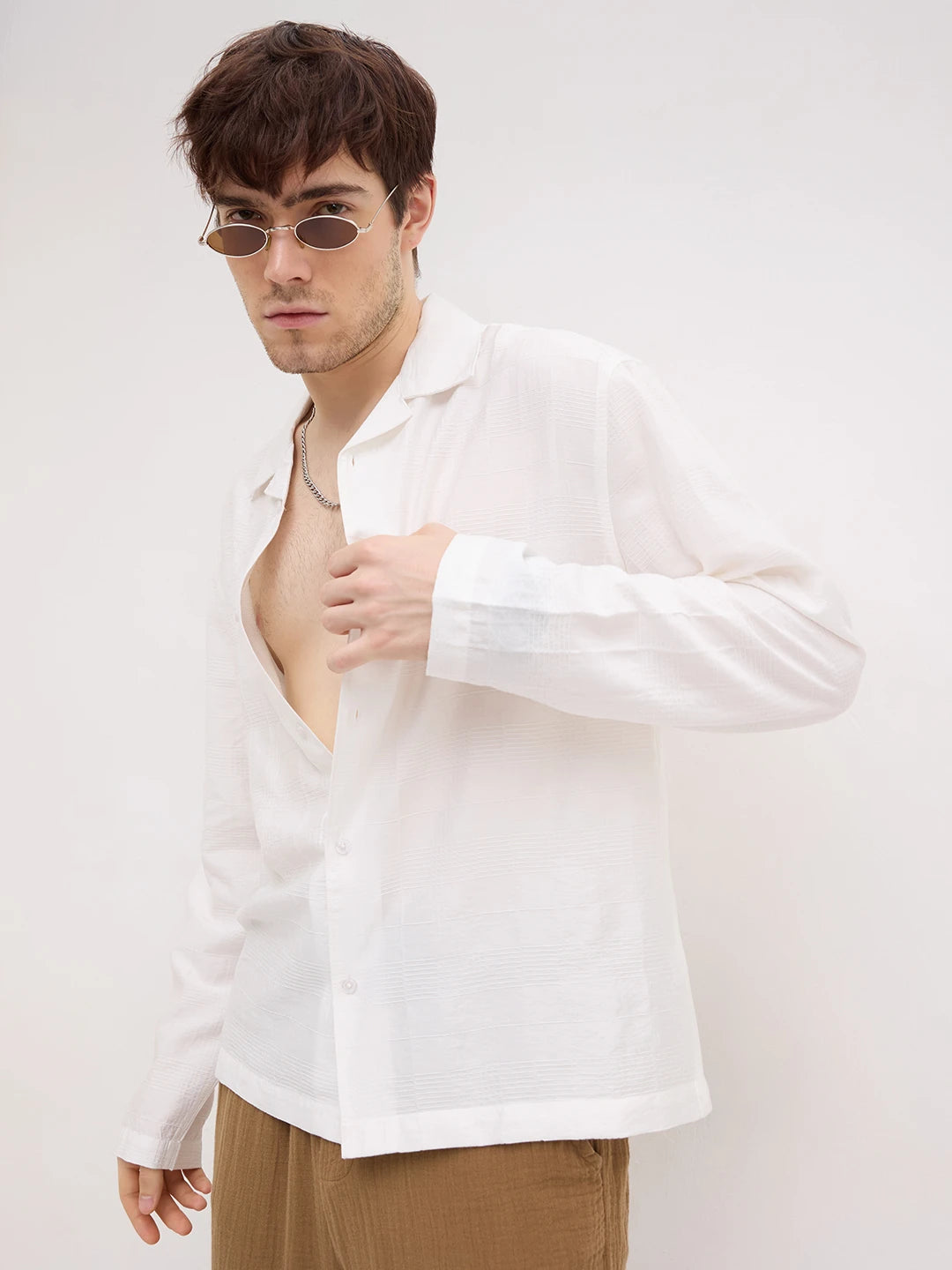 Artisan Pearl White Plaid Textured Notch Collar Oversized Shirt