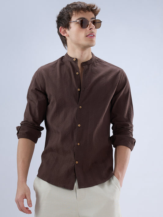 Chocolate Brown Seersucker Striped Mandarin Shirt