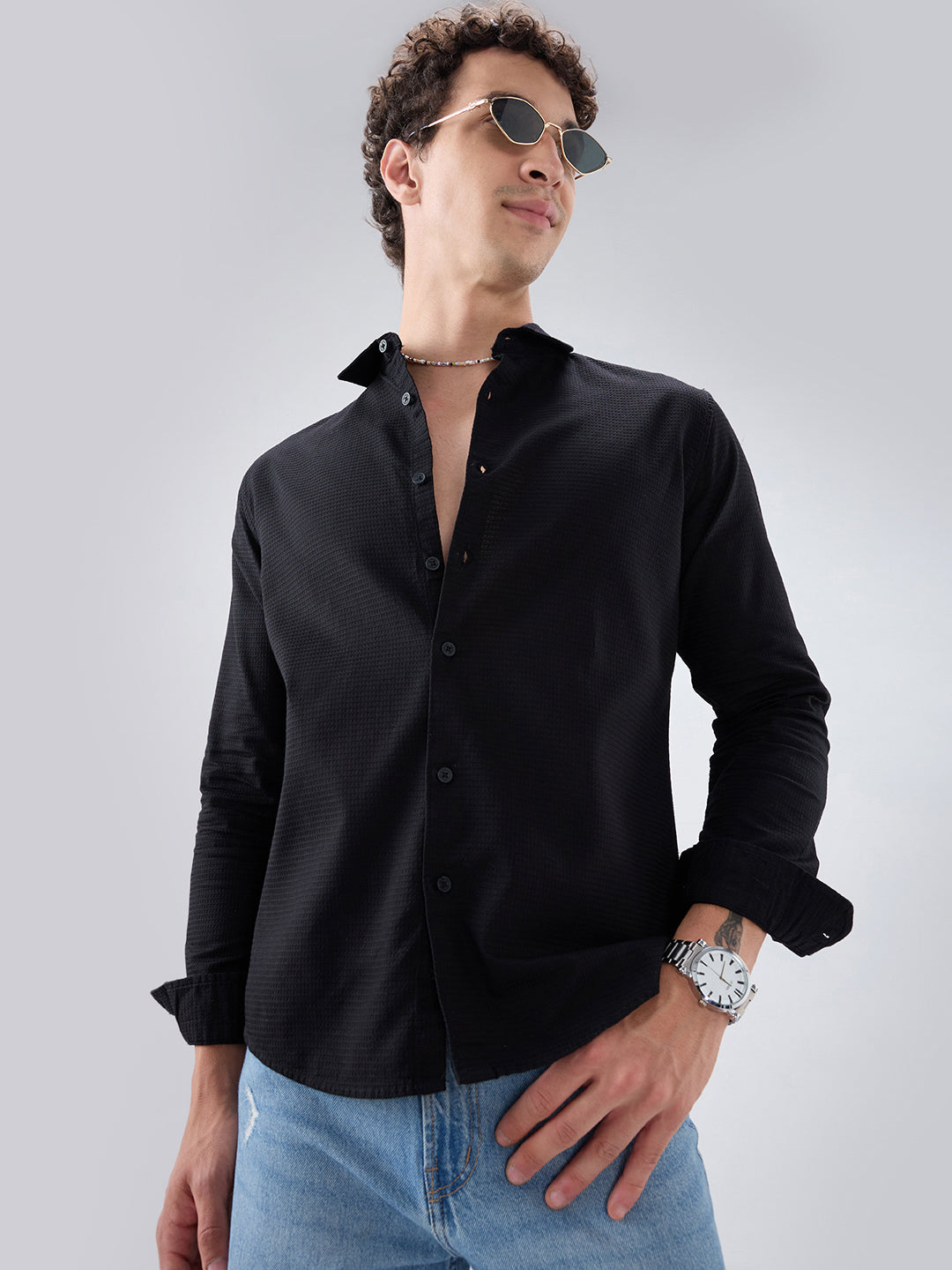 Jade Black Textured Knit Shirt