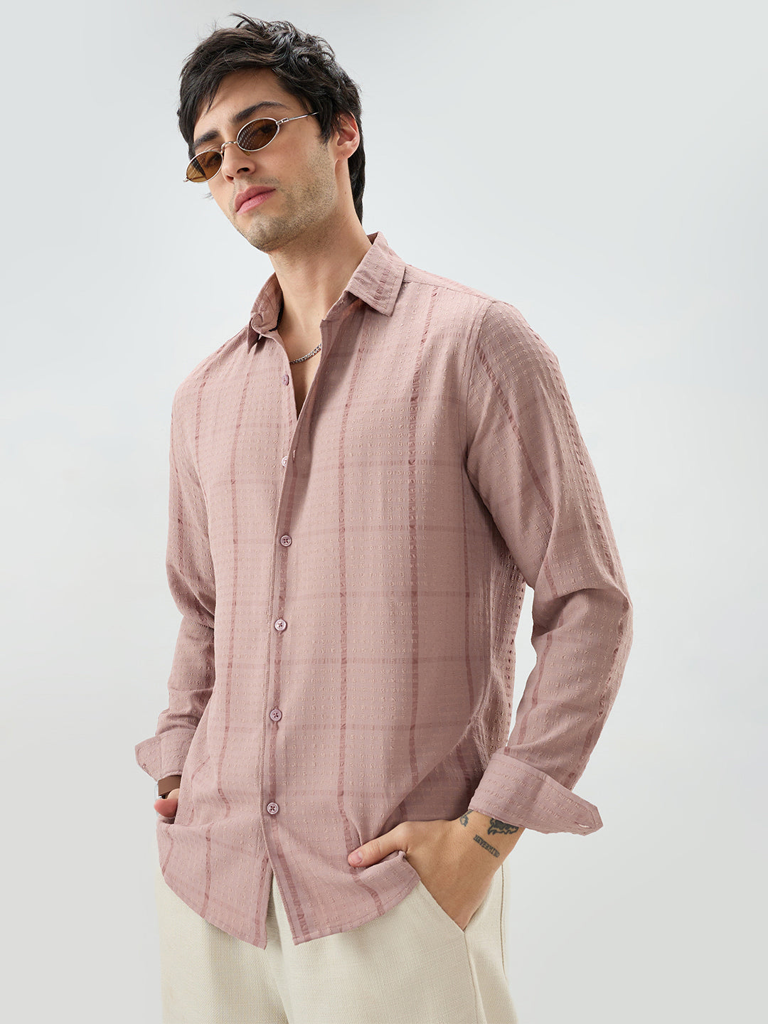 Vintage Peach Micro Checks Textured Shirt