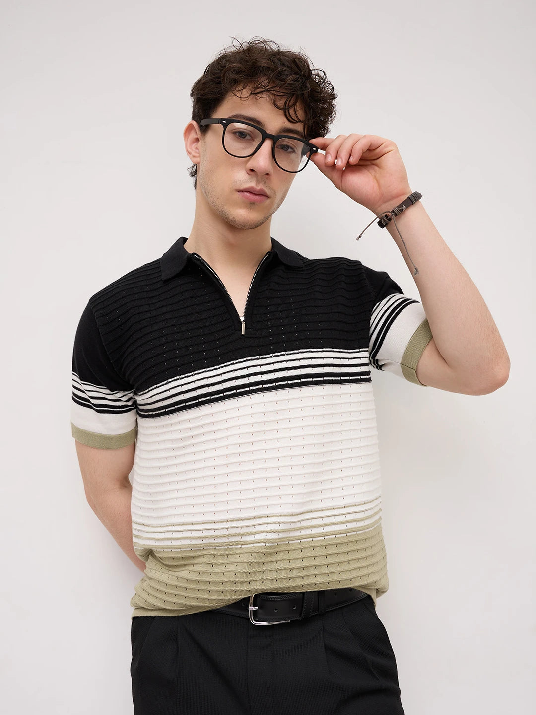 Seaside Contrast Panel Weave Flat Knit Polo T-Shirt