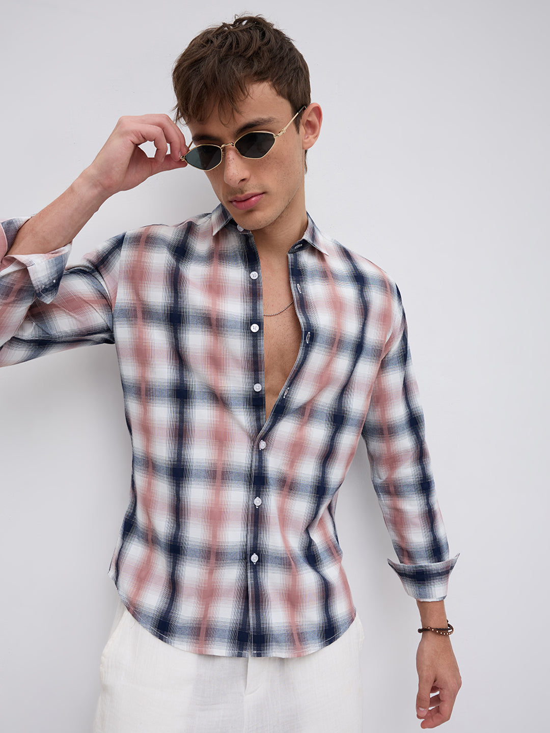 Premium Navy & Pink Textured Plaid Checks Shirt