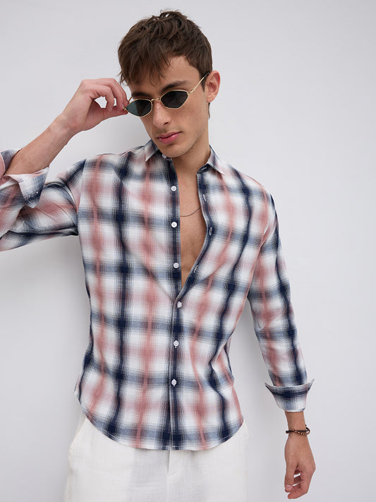 Premium Navy & Pink Textured Plaid Checks Shirt