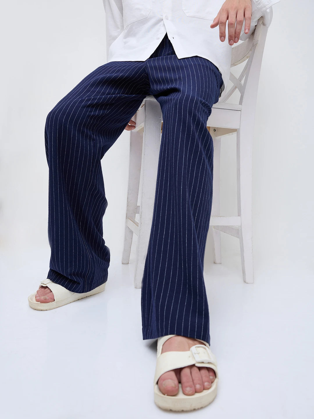 Navy Pinstripe Wide Leg Trousers