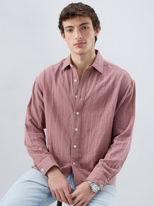 Dusty Peach Double Cloth Seersucker Striped Boxy Fit Crop Shirt