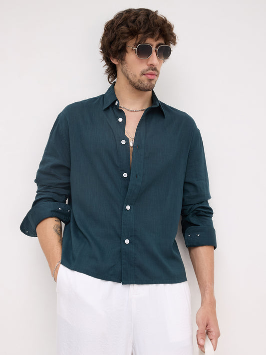 Emerald Green Fine Textured Boxy Fit Crop Shirt