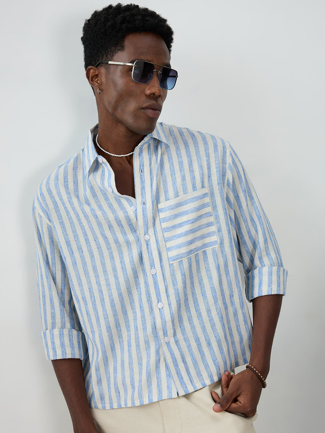 Blue & Off-White Striped Boxy Fit Crop Shirt
