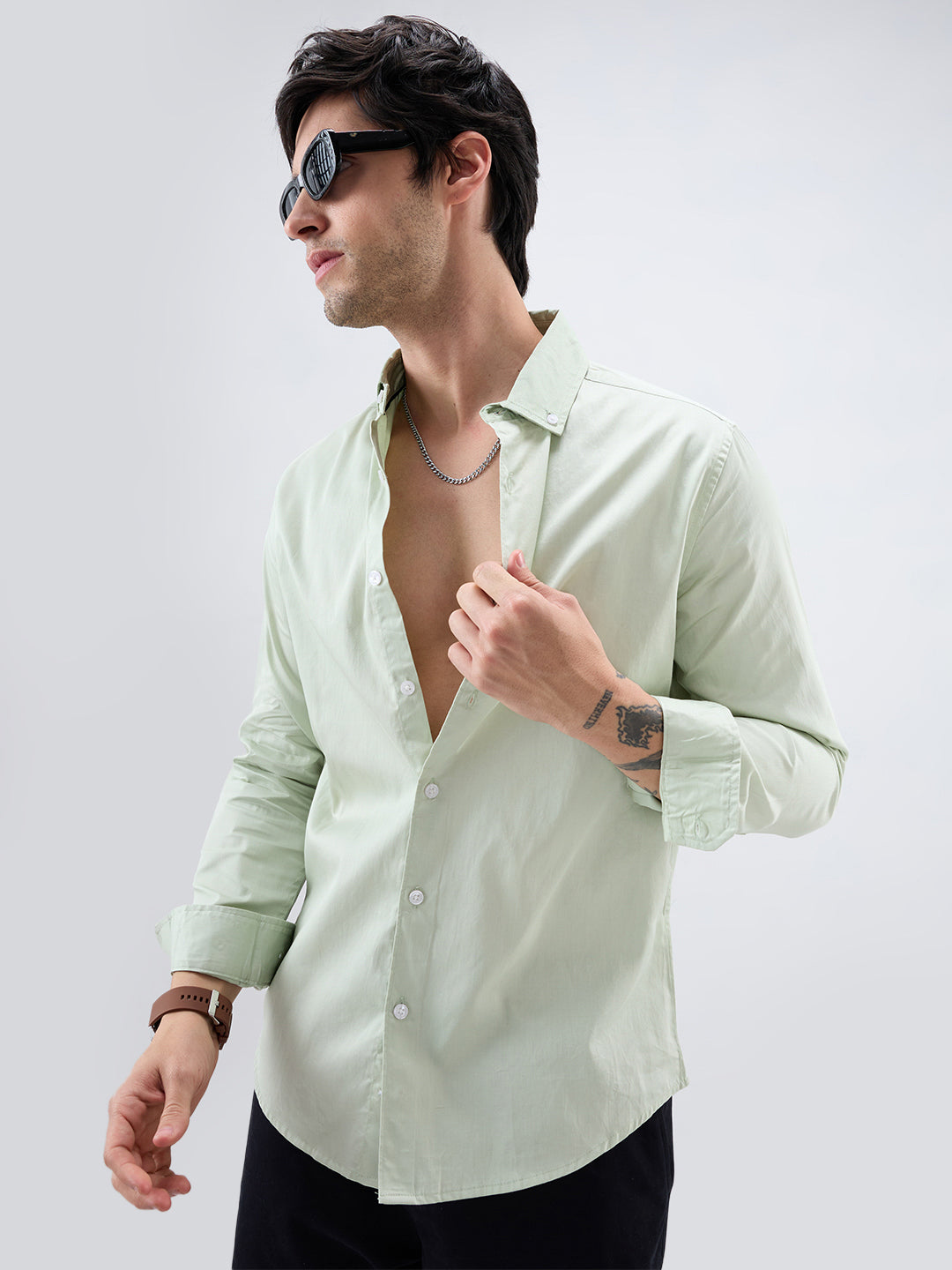 Tea Green Button-Down Collar Satin Shirt