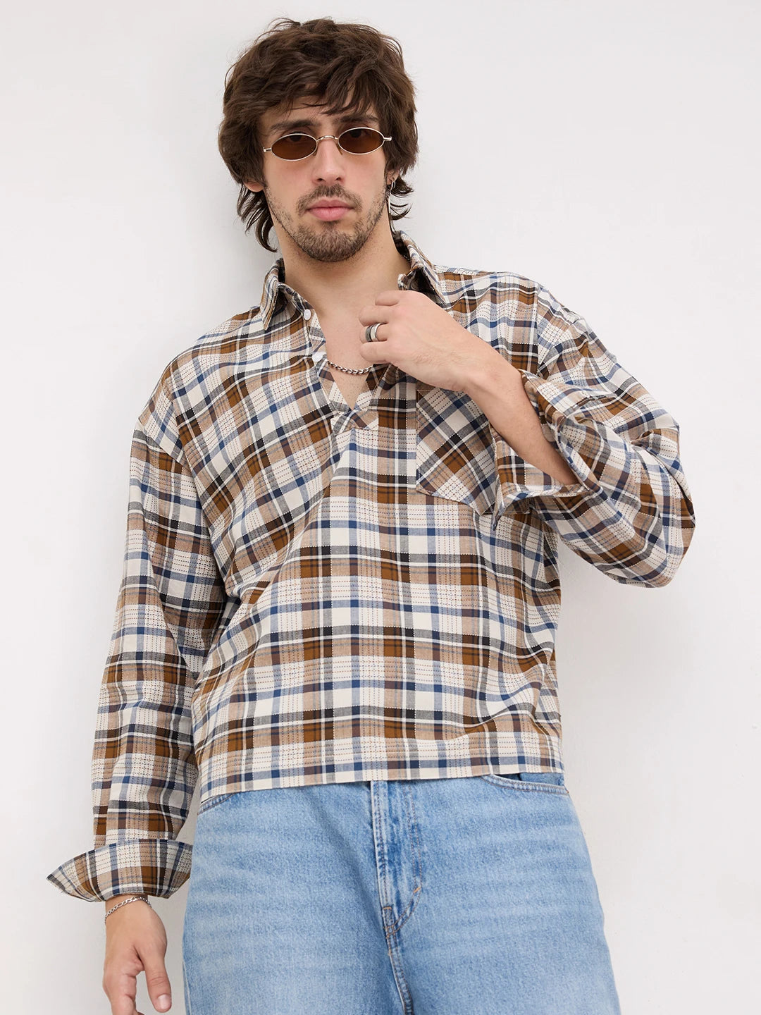 Rustic Artisan Thread-work Grid Checks Loop Button Oversized Shirt