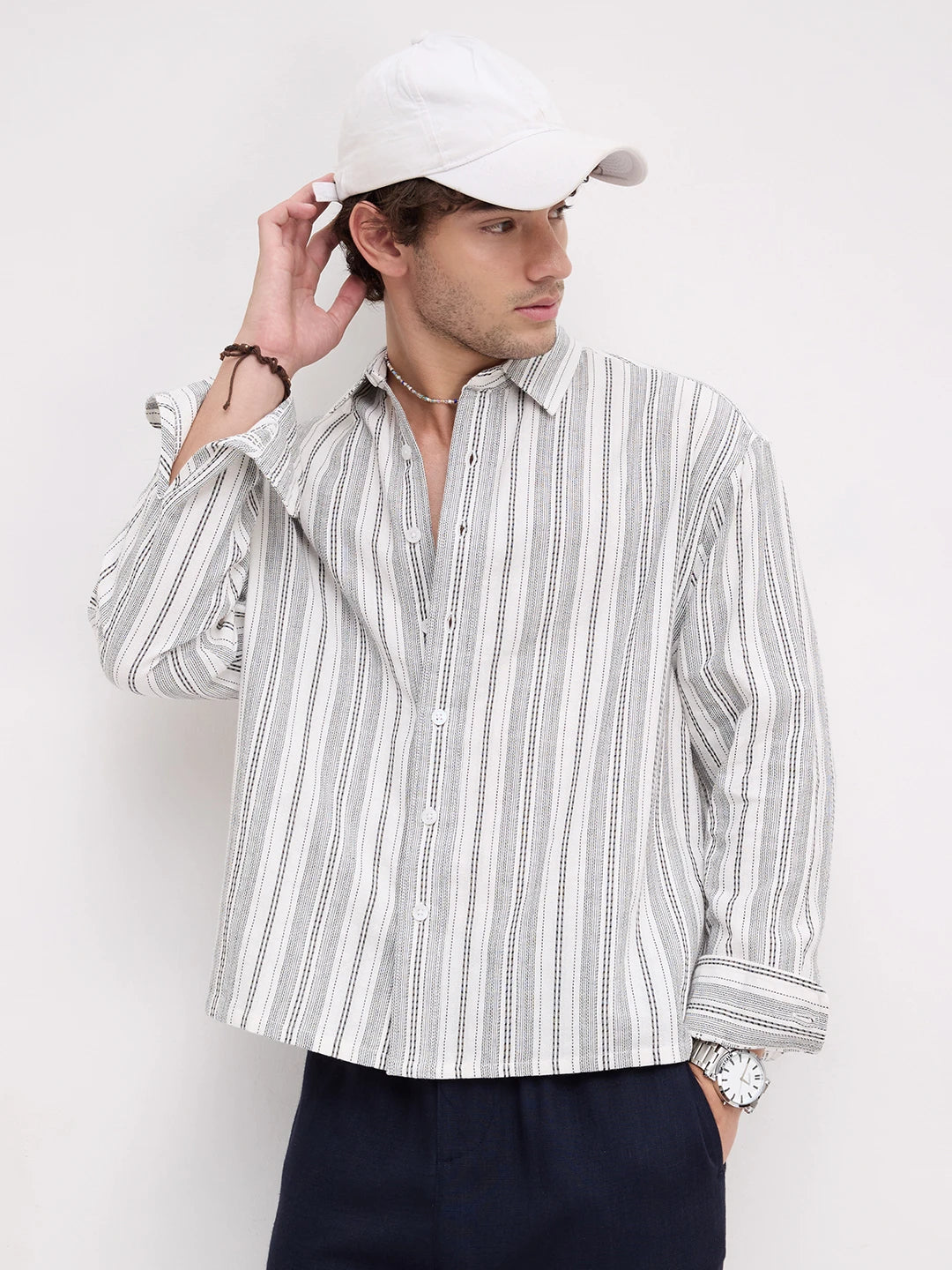 Refined Monochrome Striped Boxy Fit Crop Shirt