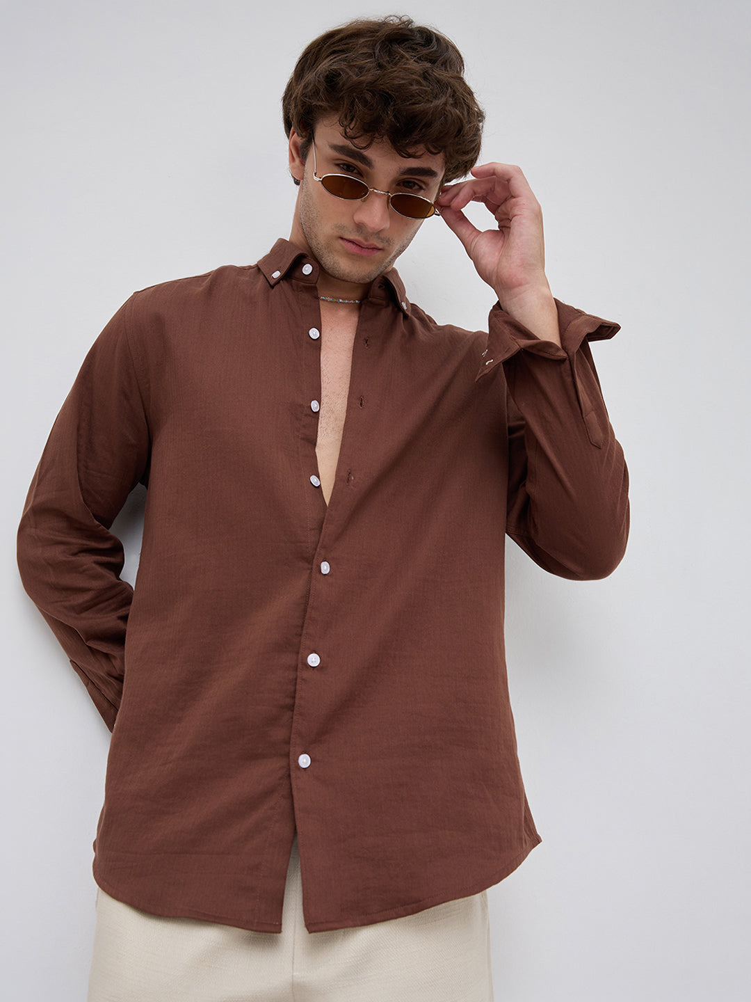 Warm Brown Herringbone Textured Button-Down Shirt