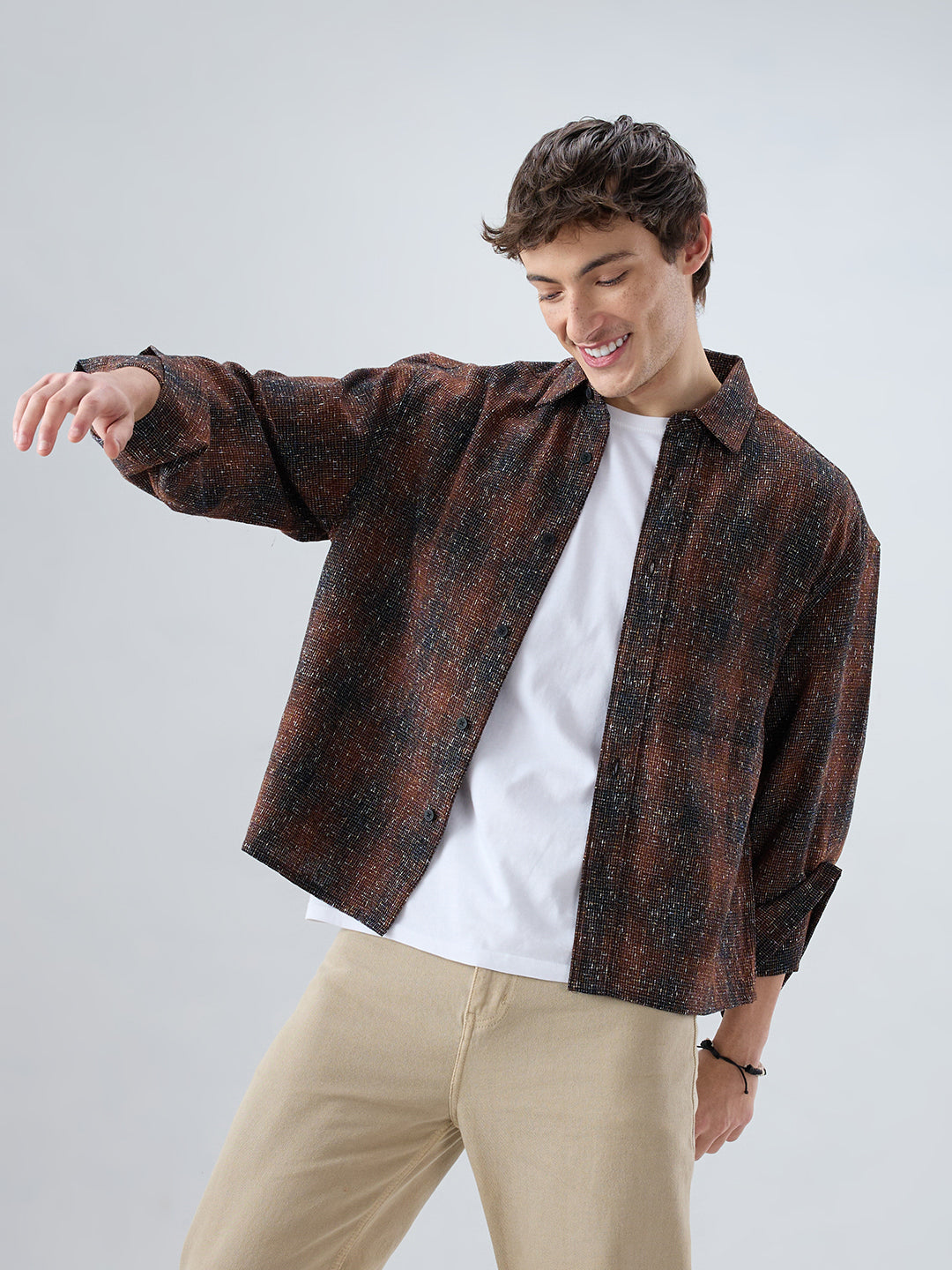 Sanjh Shaam Glossy Brown Textured Cuffless Oversized Crop Shirt