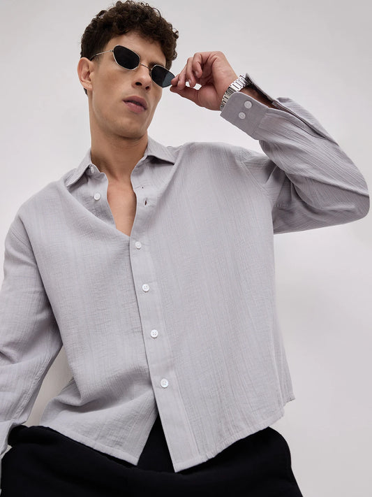 Frost Grey Double Cloth Seersucker Striped Boxy Fit Crop Shirt