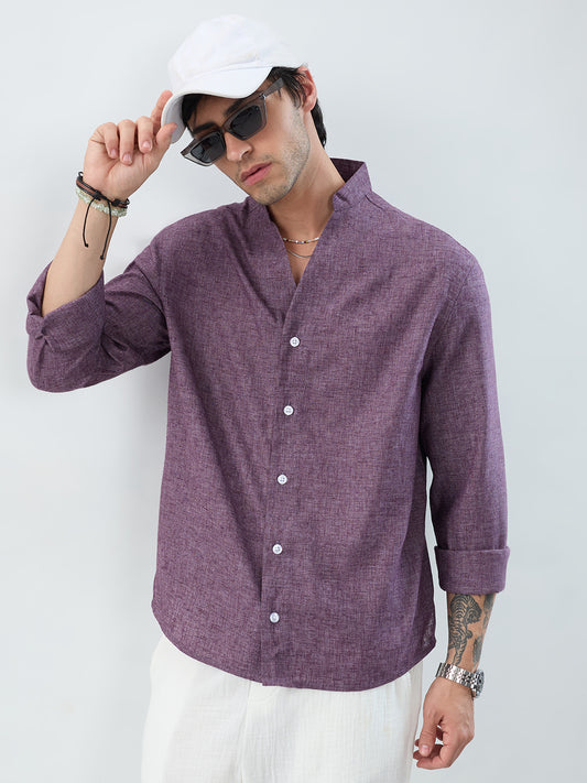 Rich Aubergine Purple Linen Blend Stand-Collar Oversized Shirt