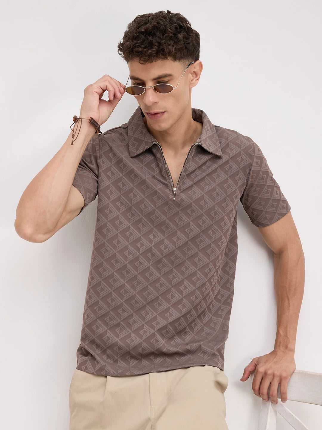 Cedar Brown Diamond Embossed Zip Polo Tee