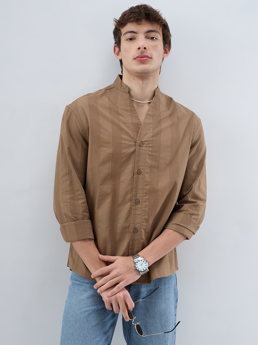 Bark Brown Panel Textured Stand Collar Oversized Shirt