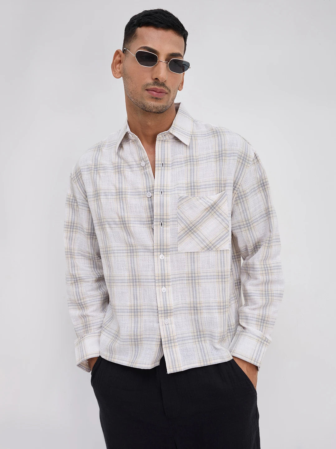 Grey & Ivory Structured Check Weave Boxy Fit Crop Shirt