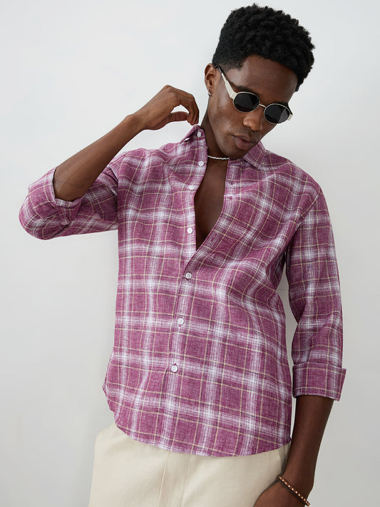 Vintage Maroon Plaid Checks Textured Shirt