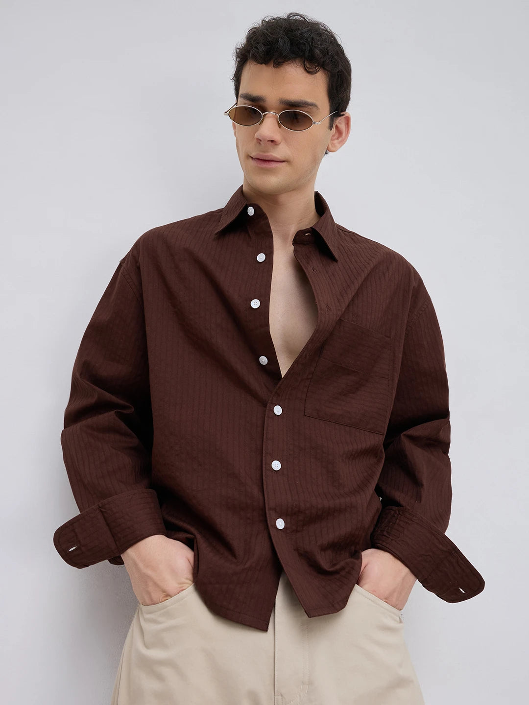 Espresso Brown Pinstriped Boxy Fit Crop Shirt