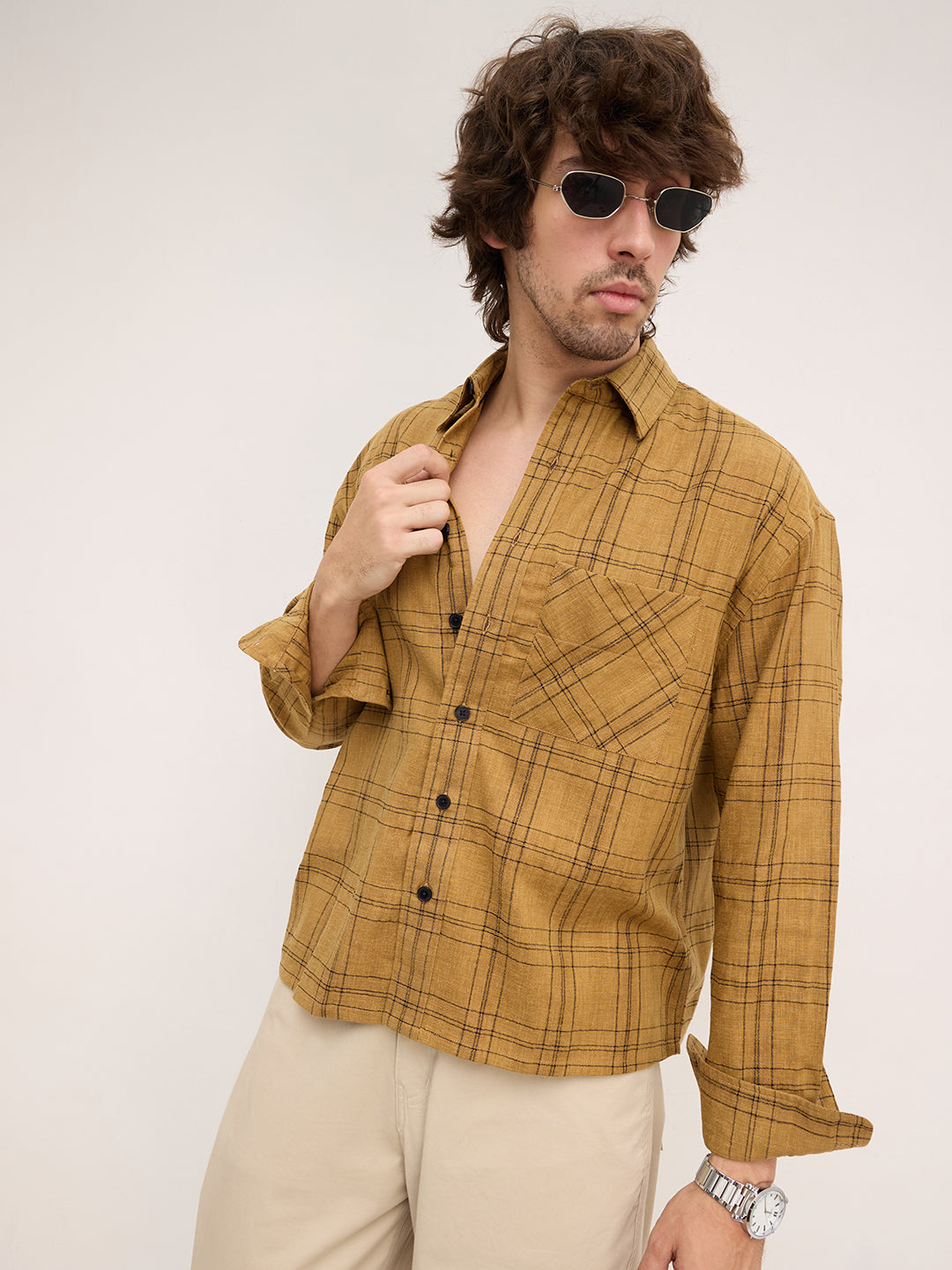 Khaki Contrast Windowpane Checks Boxy Fit Crop Shirt