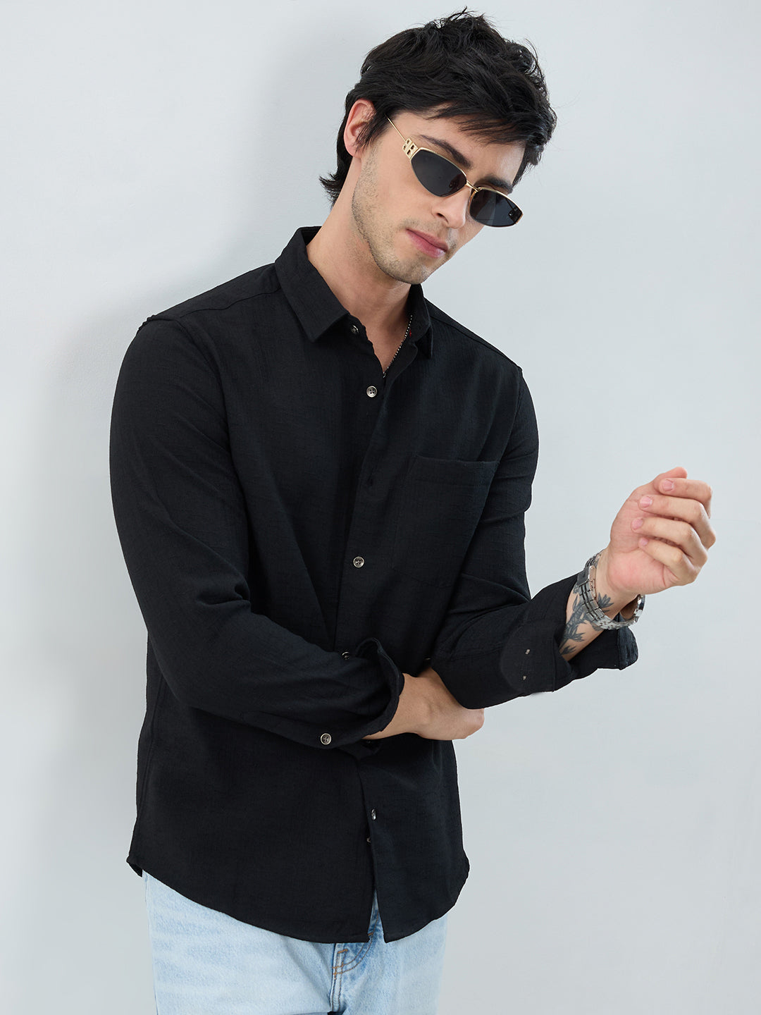Black Slub Textured Shirt