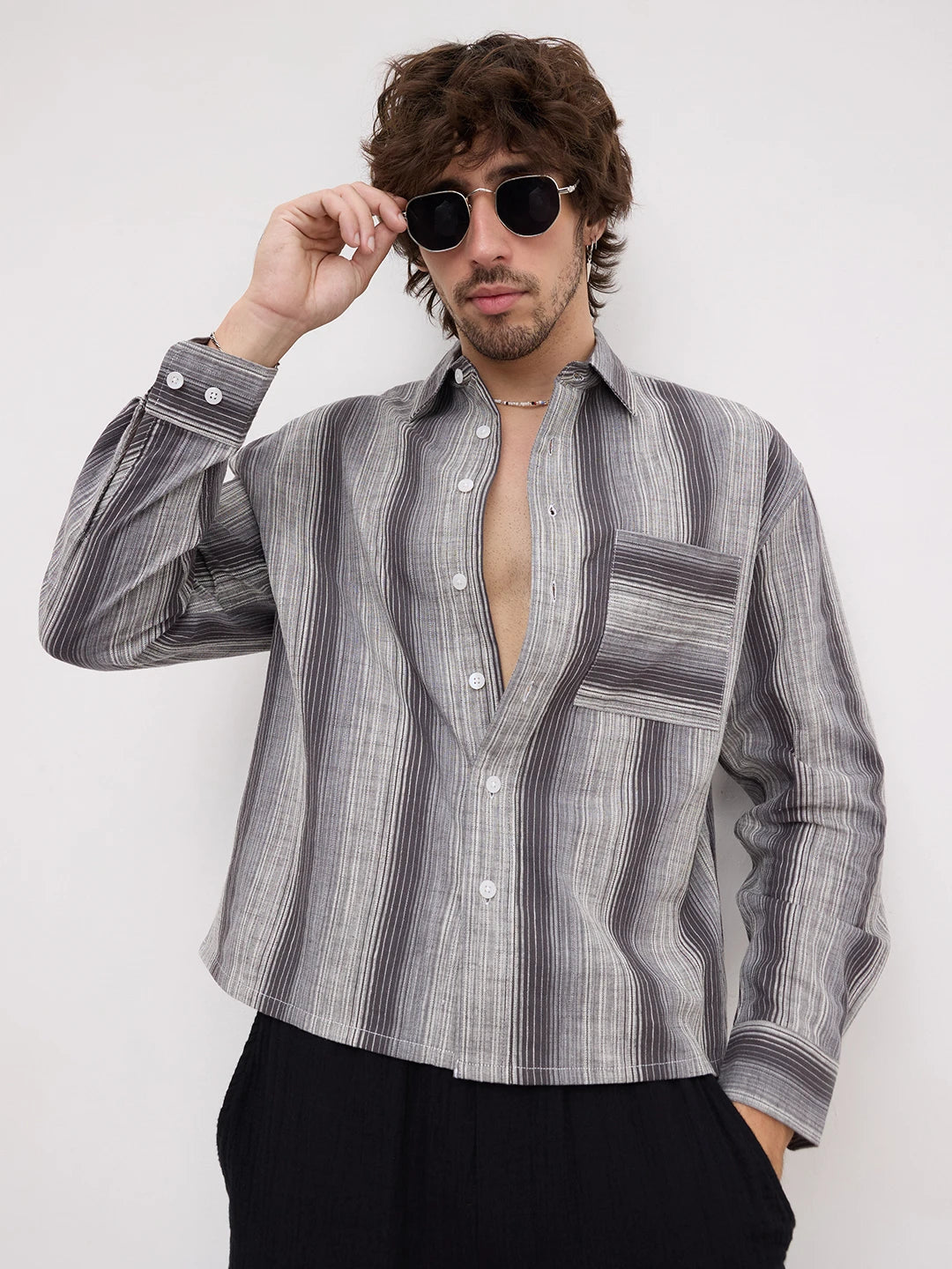 Grey Spectrum Microline Vertical Loom Boxy Fit Crop Shirt