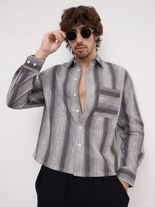 Grey Spectrum Microline Vertical Loom Boxy Fit Crop Shirt