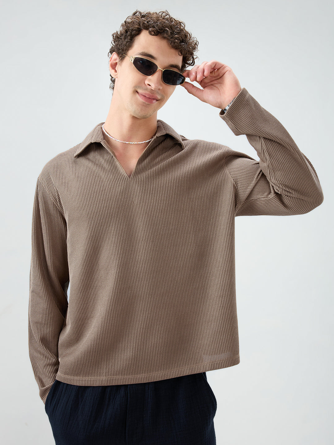 Brown Refined Textured Knitted Oversized Polo Shirt