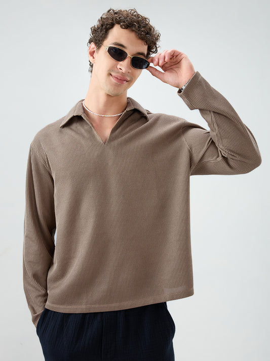 Brown Refined Textured Knitted Oversized Polo Shirt