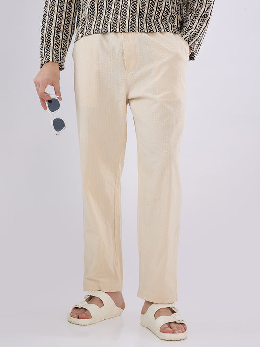 Bisque Beige Seersucker Striped Tapered Trousers