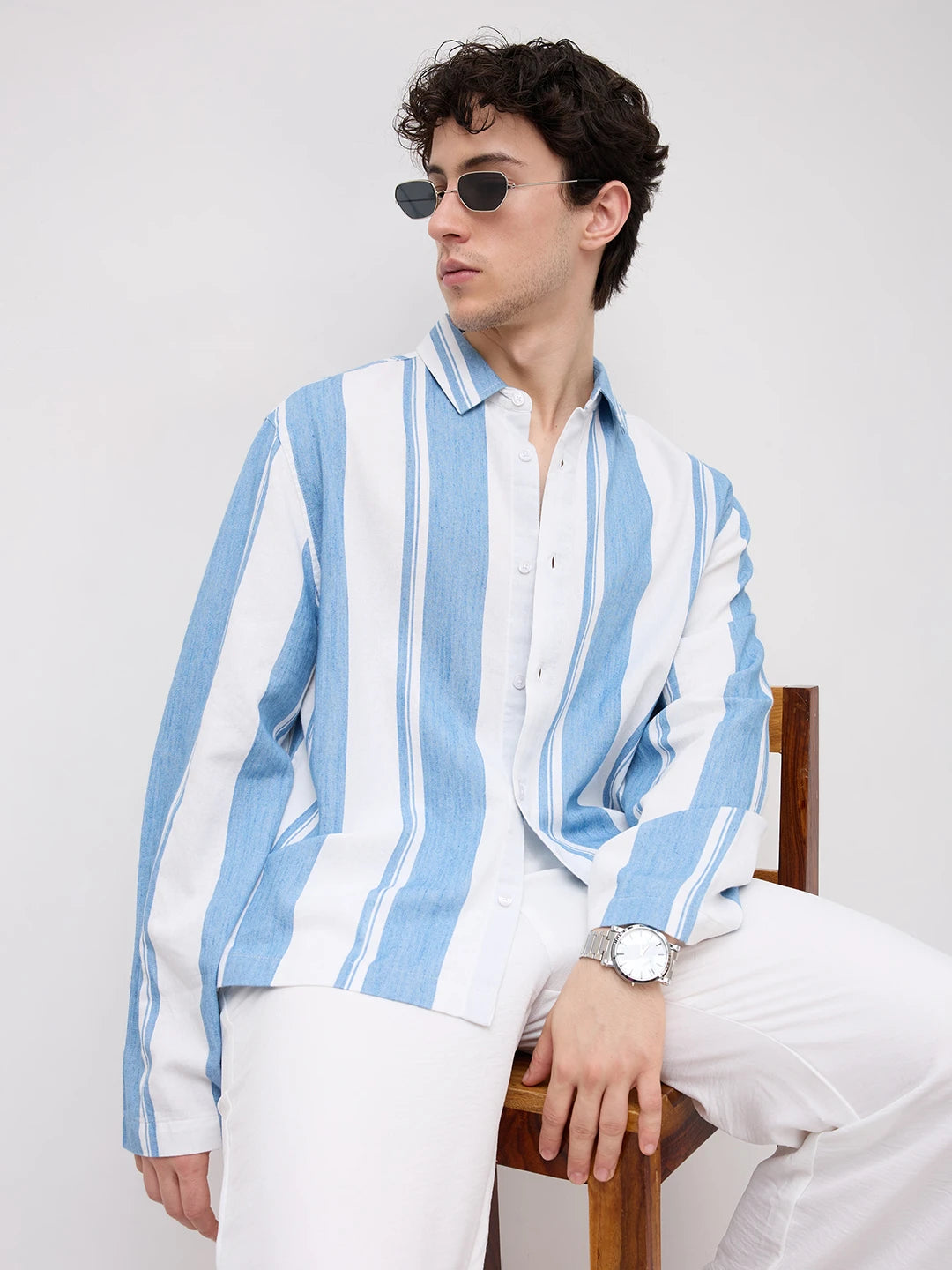 Denim Broad Stripes Oversized Cuffless Shirt