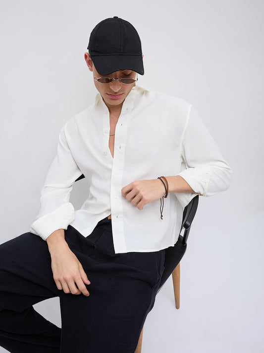 Pearl White Slub Crinkled Boxy Fit Crop Shirt