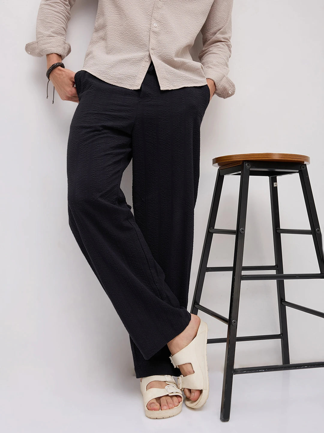 Luxe Black Seersucker Striped Straight Fit Trousers