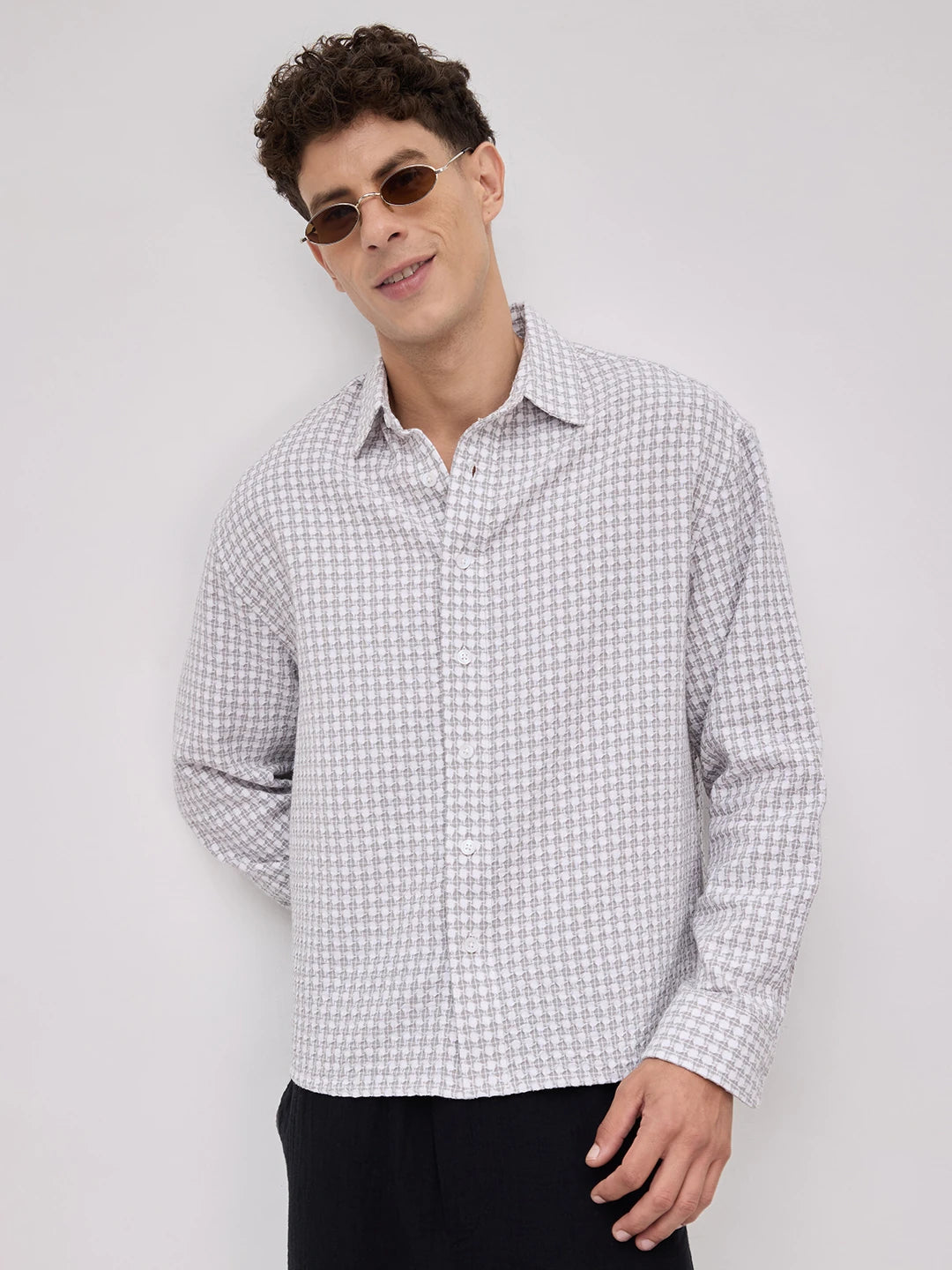 Glacier Grey Mosaic Textured Boxy Fit Crop Shirt