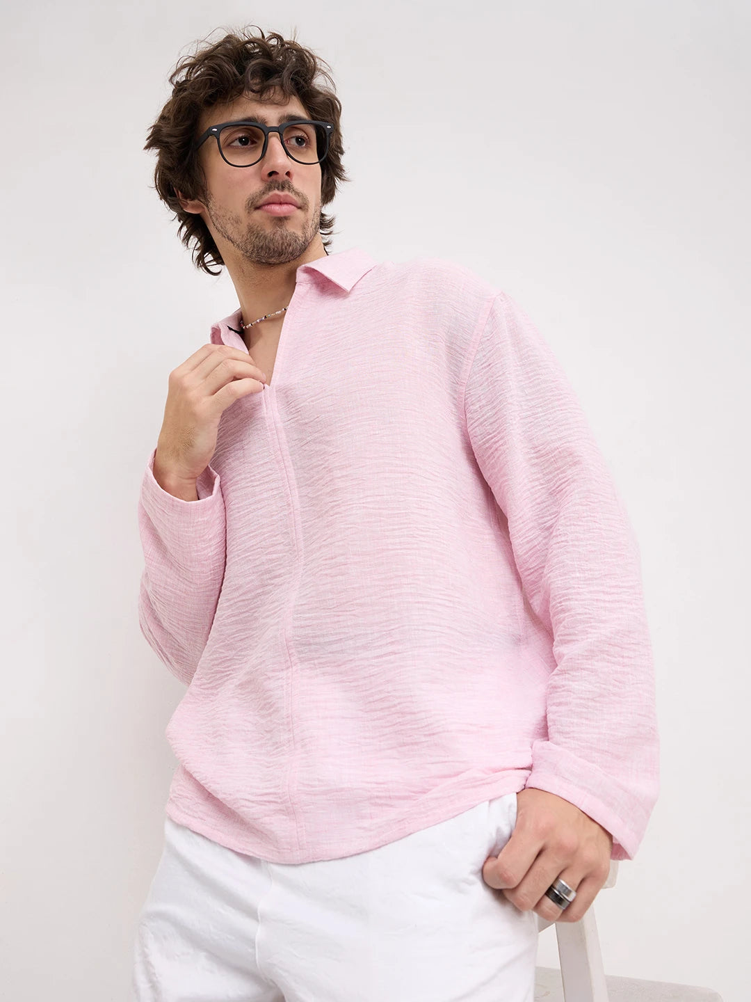 Soft Pink Fine Textured Center Seam Oversized Shirt