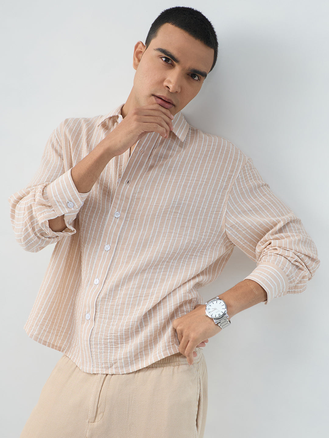 Crayola Peach Vertical Striped Crinkled Boxy Fit Crop Shirt