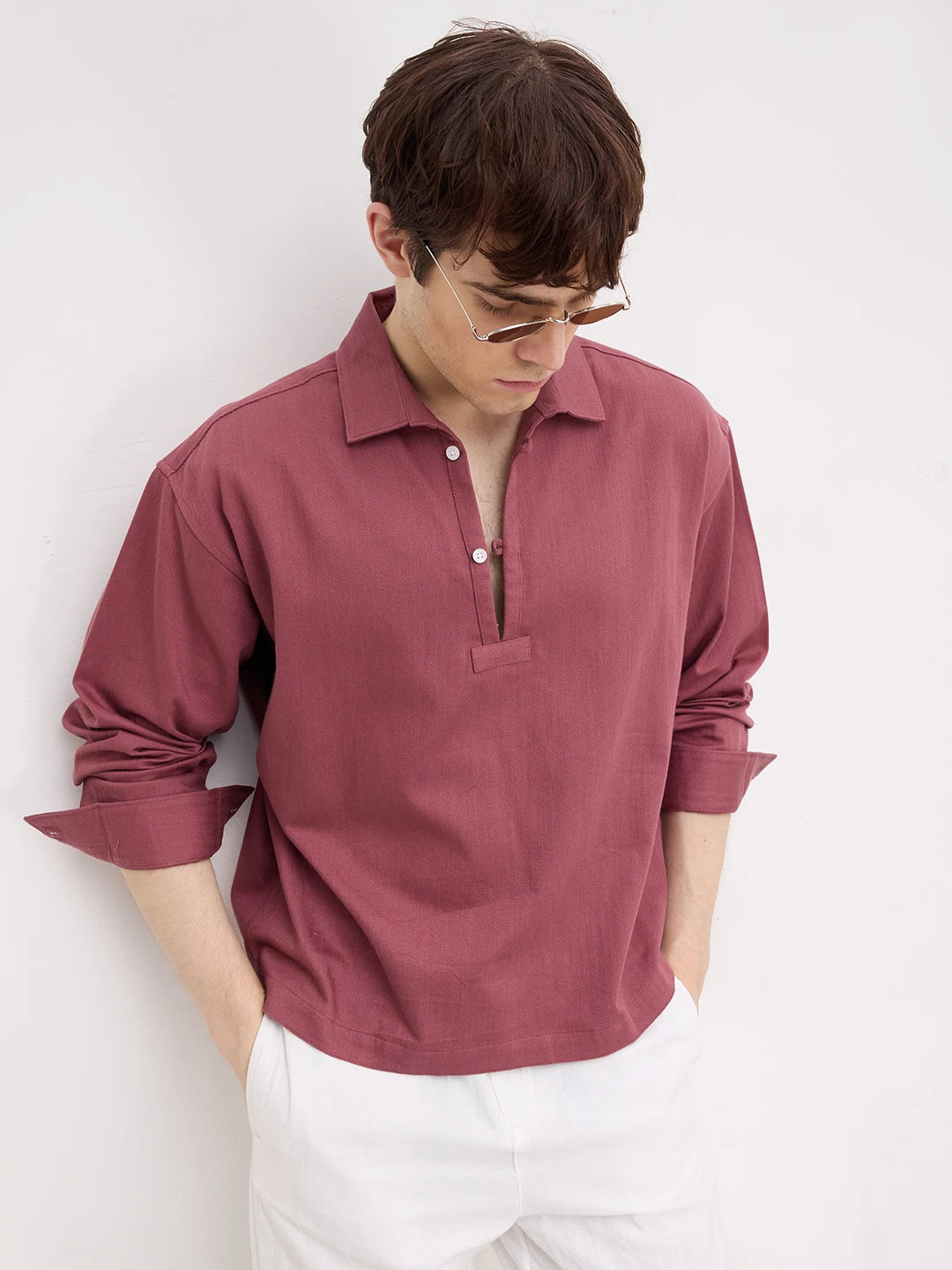 Dusty Rose Diagonal Textured Loop Button Oversized Shirt