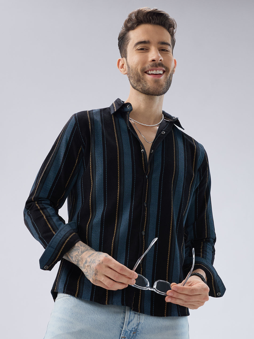 Deep Blue Embellished Corduroy Striped Shirt