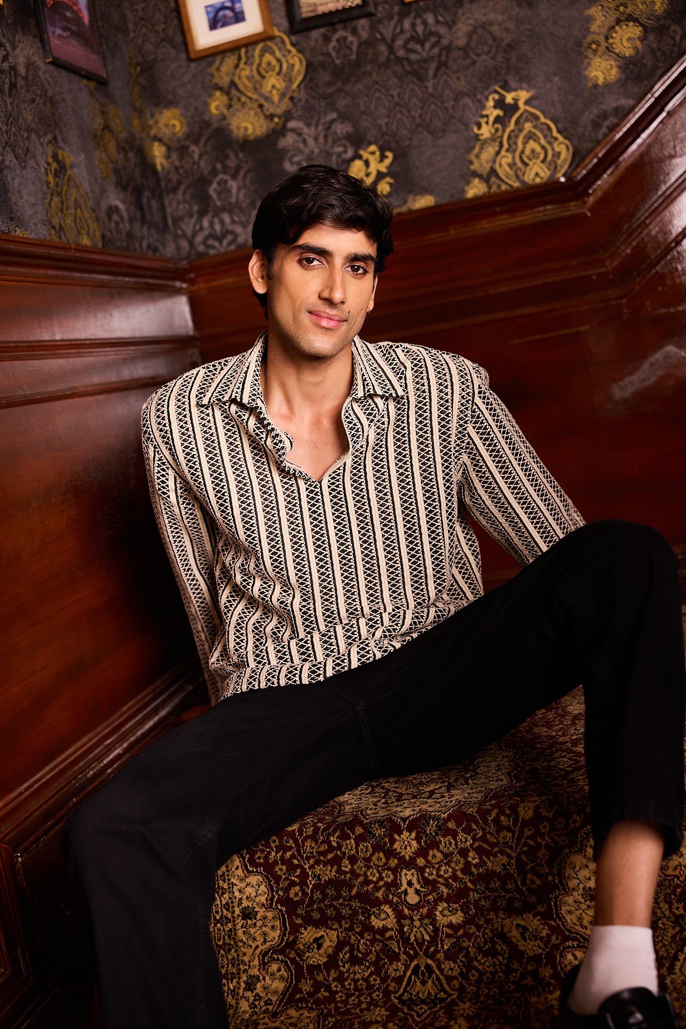 Monochrome Tribal Striped Crochet Oversized Polo Shirt